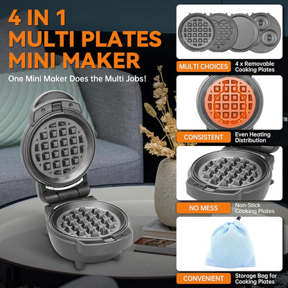Baker's Friend 4 in 1 Mini Waffle Maker With Removable Plates - Pancake, Donut, Heart Shape and Small Waffle Maker Set - Recipe Included, Graphite