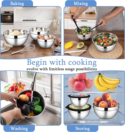 LIANYU Mixing Bowls Sets of 3, Stainless Steel Metal Nesting Mixing Bowl Sets for Kitchen, Large and Small Size 4.6 & 2.6 & 1.5QT, Include Transparent & Airtight Lids, Dishwasher & Freezer Safe, Black