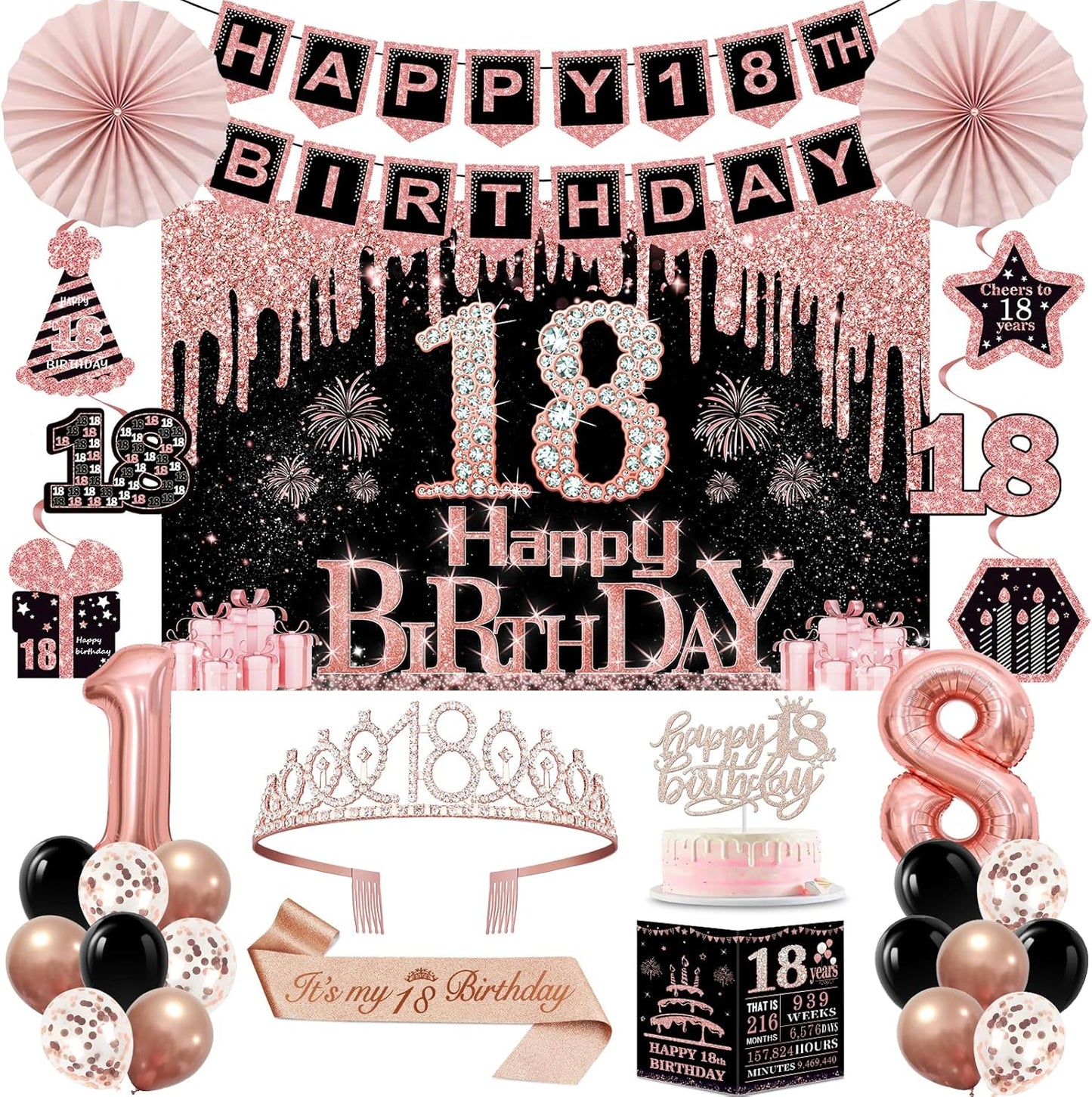 40th Birthday Decorations for Women,32pcs 40th Birthday Party Decorations,Including Backdrop, Crown,Sash,banner, Hanging Swirl,Cake Topper,balloons,Paper Fans,Anniversary Card and paper fans