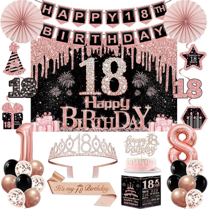 40th Birthday Decorations for Women,32pcs 40th Birthday Party Decorations,Including Backdrop, Crown,Sash,banner, Hanging Swirl,Cake Topper,balloons,Paper Fans,Anniversary Card and paper fans