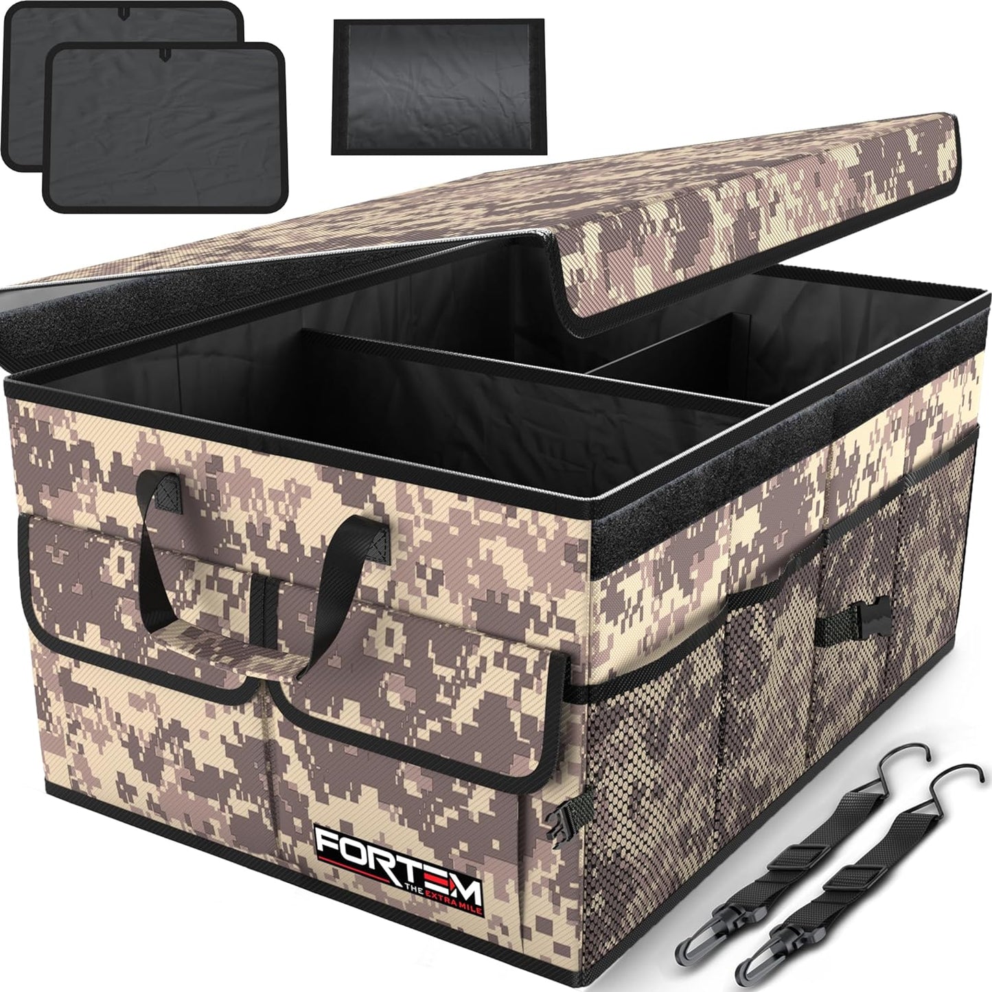 FORTEM Car Trunk Organizer, Collapsible Multi Compartment Car Organizer, Foldable SUV Storage for Car Accessories for Women Men, Non Slip Bottom, Securing Straps, Soft Cover 50L (Black, Standard)