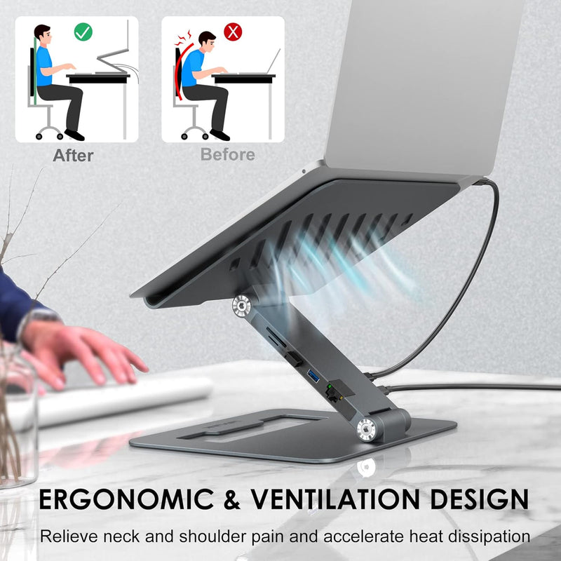 USB C Docking Station,WAVLINK 9-in-1 Hub with Adjustable Aluminum Laptop Stand with 2 * 4K HDMI, PD3.0, SD/TF, RJ45 Ethernet, 2*USB 3.0 Ports for MacBook & Windows, 10-17" Notebook and Table
