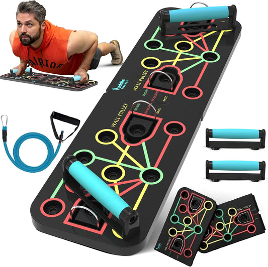 Push-Up Board with Tension Bands – 7-in-1 Portable & Foldable Push-Up System, Color-Coded Strength Training Board