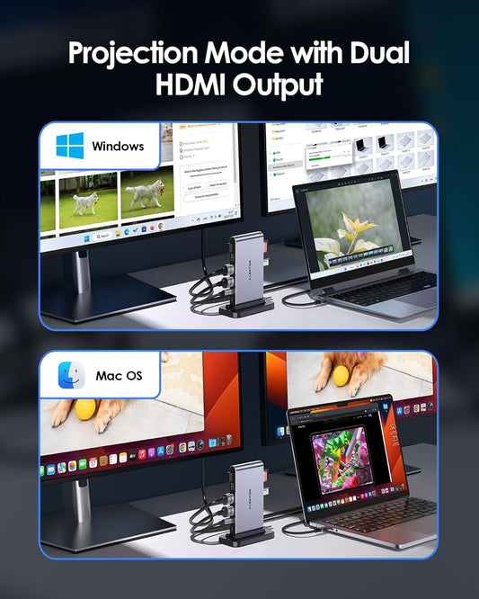 LENTION 10-in-1 USB-C Docking Station with Dual HDMI Monitor Adapter, 4K@60Hz, PD 100W, USB C Data Port, USB 3.0/2.0, SD/TF Card Reader, 3.3FT Long Cable for Mac and Windows Laptop (D62, Space Gray) - PuriLite