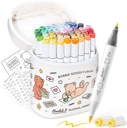 48-Color Alcohol Marker Set with Brush and Fine Tips, Dual Tip Art Markers with Colorless Blender for Coloring, Drawing, Sketching, and Illustration - PuriLite