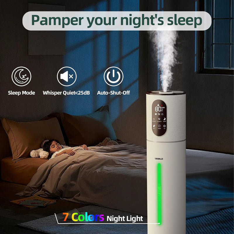 TEBILD Humidifiers for Bedroom Large Room, 9L/2.37Gal Ultrasonic Cool Mist Humidifier Top Fill Last Up to 52H with 360°Nozzle,Sleep Mode,Night Light,Quiet Large Humidifier for Baby,Home,Office