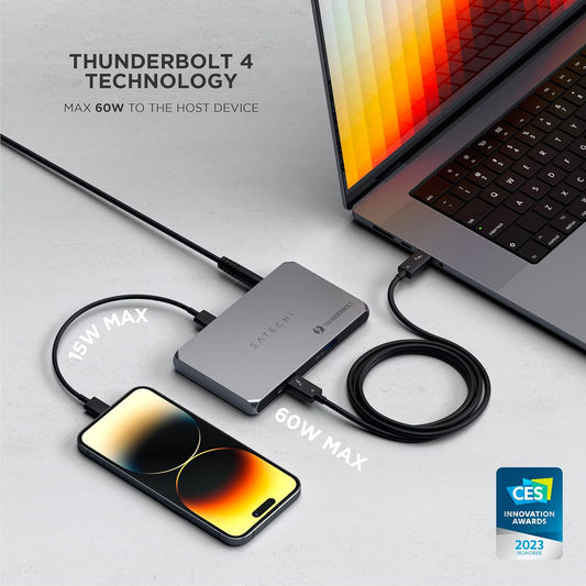 Satechi Thunderbolt 4 Slim Hub 5-in-1, USB C 60W Charging, Single 8k or Dual 4K Display, 4 Thunderbolt 4 Ports, USB 3.2 Gen2 - Compatible with USB4/ Thunderbolt 4 Macs and USB4/ Thunderbolt 4 Windows - PuriLite