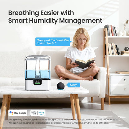 Smart Cool Mist Humidifier 6L Top Fill for Large Rooms, App Touch and Voice Control Air Humidifier with Night Light and Essential Oil Diffuser - PuriLite