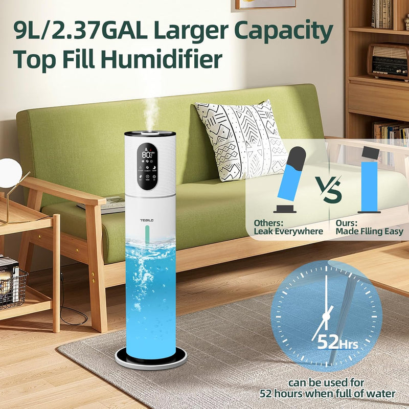 TEBILD Humidifiers for Bedroom Large Room, 9L/2.37Gal Ultrasonic Cool Mist Humidifier Top Fill Last Up to 52H with 360°Nozzle,Sleep Mode,Night Light,Quiet Large Humidifier for Baby,Home,Office