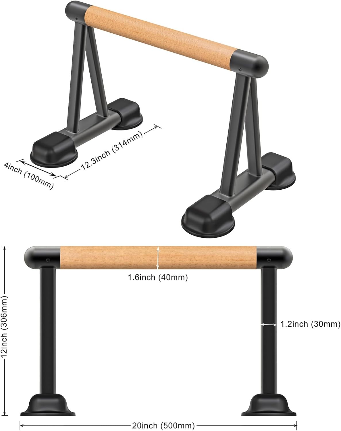 Push Up Bar – 12” High Parallettes Bars with Wooden Handles – Heavy-Duty Calisthenics Equipment for Handstand, L-Sit, Dips & Strength Training - PuriLite