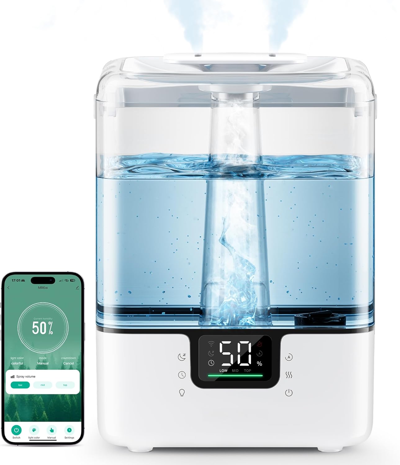 Smart Cool Mist Humidifier 6L Top Fill for Large Rooms, App Touch and Voice Control Air Humidifier with Night Light and Essential Oil Diffuser - PuriLite