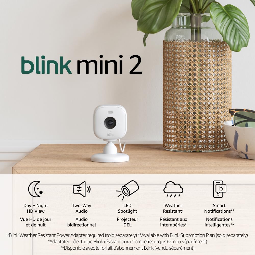 Blink Mini 2 (newest model), Plug-in smart security camera, HD night view in color, built-in spotlight, two-way audio, motion detection, Works with Alexa (White)