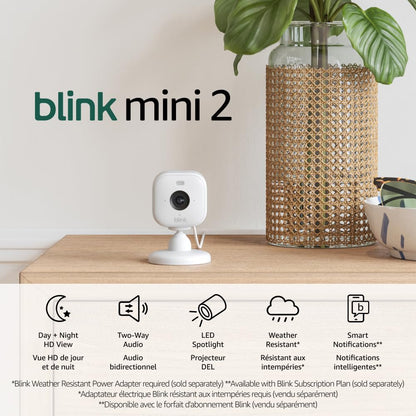 Blink Mini 2 (newest model), Plug-in smart security camera, HD night view in color, built-in spotlight, two-way audio, motion detection, Works with Alexa (White)