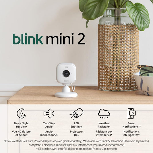 Blink Mini 2 (newest model), Plug-in smart security camera, HD night view in color, built-in spotlight, two-way audio, motion detection, Works with Alexa (White)