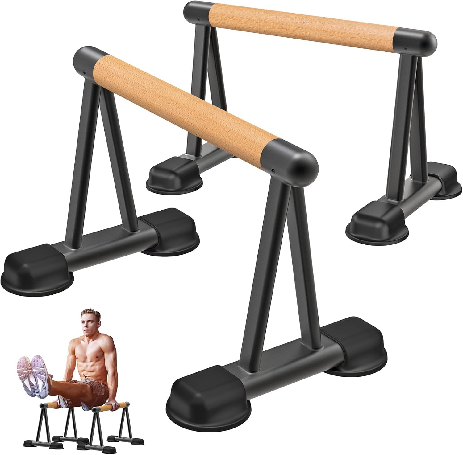 Push Up Bar – 12” High Parallettes Bars with Wooden Handles – Heavy-Duty Calisthenics Equipment for Handstand, L-Sit, Dips & Strength Training - PuriLite