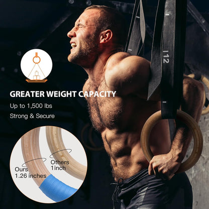 Wooden Gymnastics Rings – 1500lb Heavy-Duty Exercise Rings with Adjustable Cam Buckle Straps – Non-Slip Training Rings - PuriLite