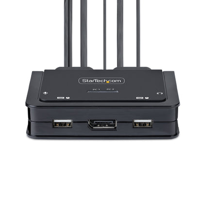 2-Port USB-C Cable KVM Switch, 4K 60Hz DisplayPort Output, Compact KVM with 4ft/1.2m USB Type-C/Audio Integrated Cables, Bus Powered - Remote Push-Button/Hotkey Switching