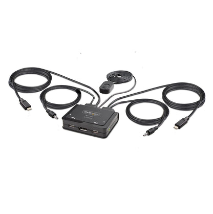 2-Port USB-C Cable KVM Switch, 4K 60Hz DisplayPort Output, Compact KVM with 4ft/1.2m USB Type-C/Audio Integrated Cables, Bus Powered - Remote Push-Button/Hotkey Switching