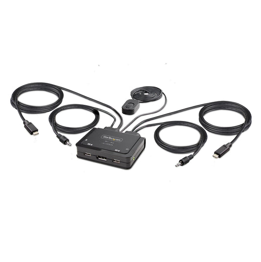 2-Port USB-C Cable KVM Switch, 4K 60Hz DisplayPort Output, Compact KVM with 4ft/1.2m USB Type-C/Audio Integrated Cables, Bus Powered - Remote Push-Button/Hotkey Switching