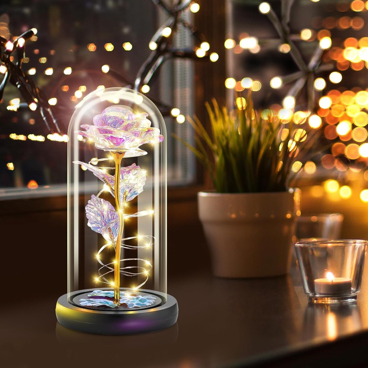 Otlonpe Birthday Gifts for Women, Mothers Day Flowers Gifts for Mom Wife from Kids Daughter Son Husband, Rainbow Light Up Rose in A Glass Dome for Mom Wife, Mother's Day, Christmas Day