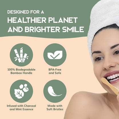 Greenzla Bamboo Toothbrush (4 Pack) with Travel Case & Charcoal Dental Floss | BPA Free Soft Bristles | Eco-Friendly, Natural Bamboo Toothbrush Set | Biodegradable & Compostable Wooden Toothbrushes