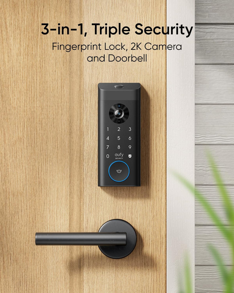 eufy Security Video Smart Lock E330, 3-in-1 Camera+Doorbell+Fingerprint Keyless Entry Door Lock, WiFi Door Lock,App Remote Control,2K HD,Doorbell Camera,No Monthly Fee