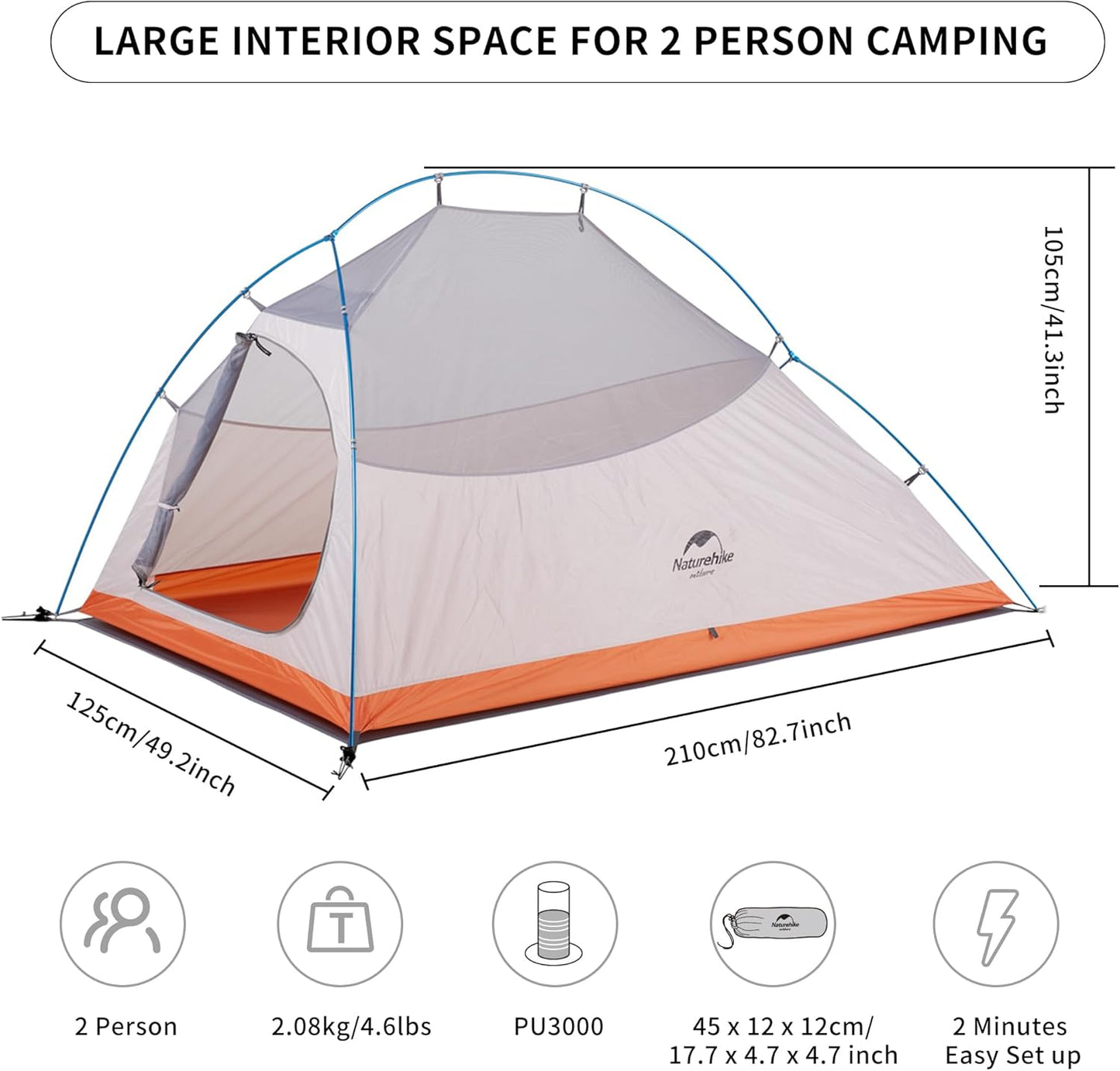 Naturehike Upgraded Cloud Up 2 Person Tent Backpacking Tent Camping Tents for 3 Season Lightweight Tents for Camping & Hiking