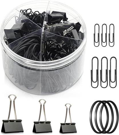 Paper Clips Binder Clips, 240pcs Black Office Clips Set - Assorted Sizes Paperclips Paper Clamps Rubber Bands for Office and School Supplies
