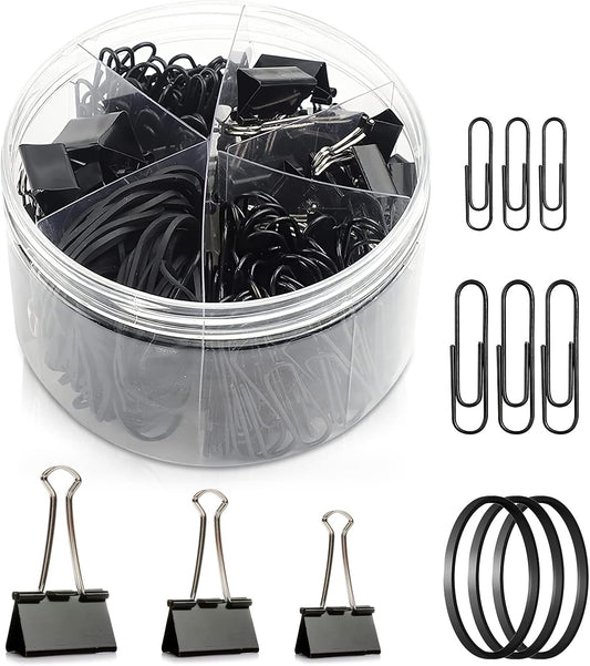 Paper Clips Binder Clips, 240pcs Black Office Clips Set - Assorted Sizes Paperclips Paper Clamps Rubber Bands for Office and School Supplies