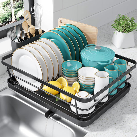 Dish Drying Rack - Compact Dish Racks with Drain Board for Kitchen Counter, Durable Stainless Steel Dish Rack Used in Sink & on Countertop, Black, Large