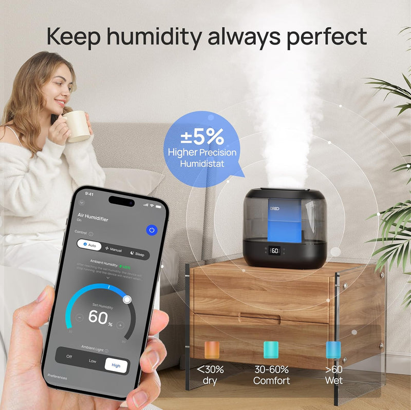 Dreo 4L Smart Humidifiers for Bedroom, Top Fill Quiet Cool Mist Humidifier for Baby Large Room, Ultrasonic with Oil Diffuser, Nightlight, Auto, 32H Runtime for Home, Nursery, Plants, Works with Alexa