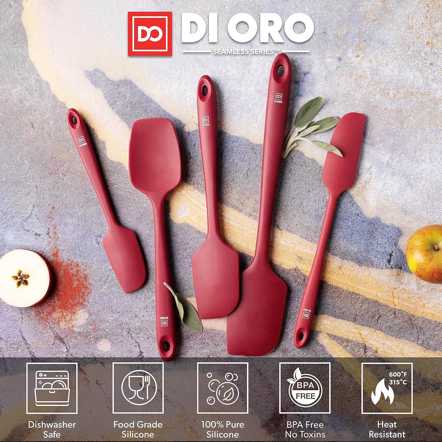 DI ORO Silicone Spatula Set - Rubber Kitchen Spatulas for Baking, Cooking, & Mixing - 600°F Heat-Resistant & BPA Free Silicone Scraper Spatulas for Nonstick Cookware - Dishwasher Safe (5pc, Black)