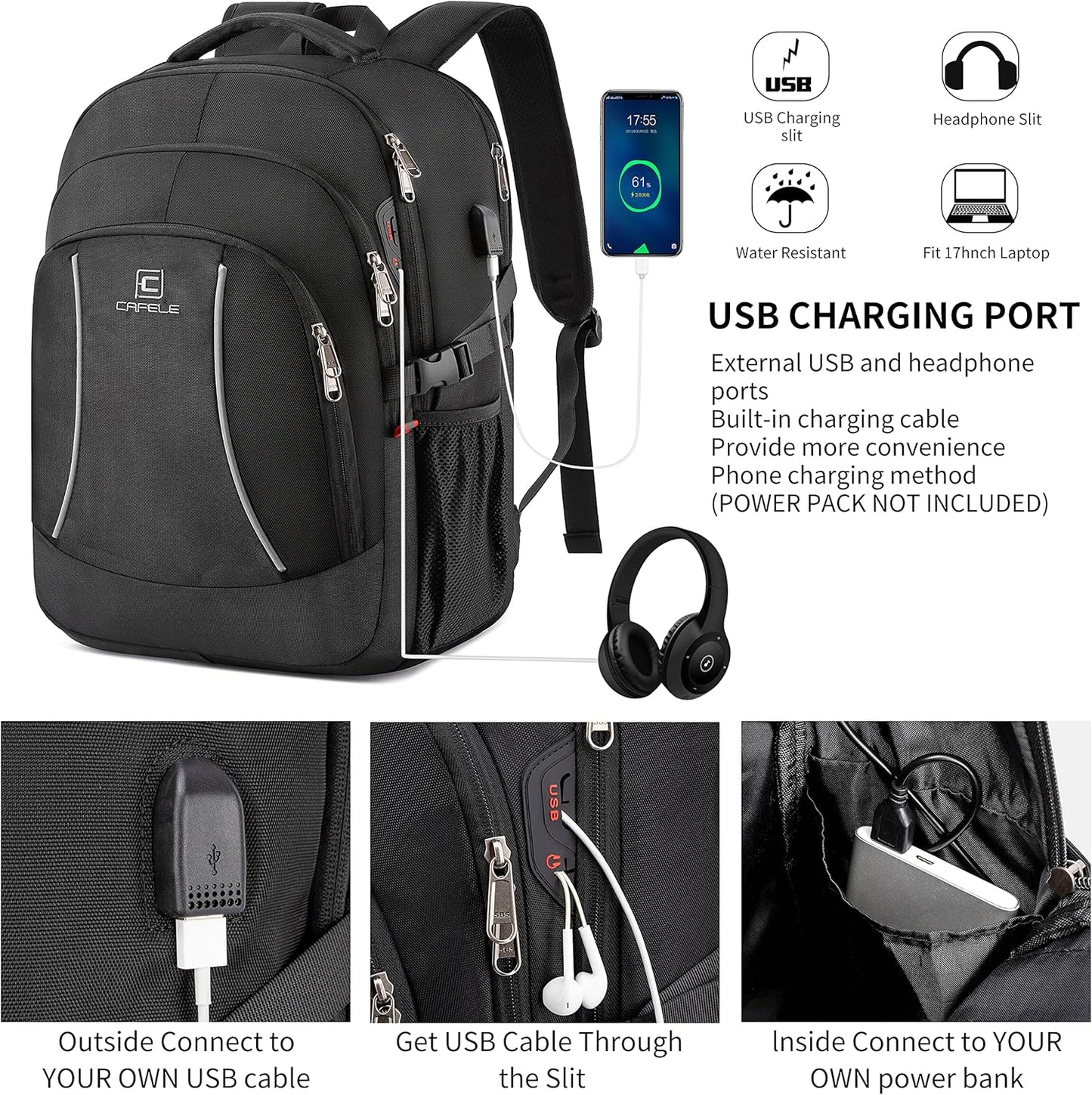 RFID Cafele Laptop Backpack Travel Computer Backpack College Bookbag School Backpack with USB Charging Port