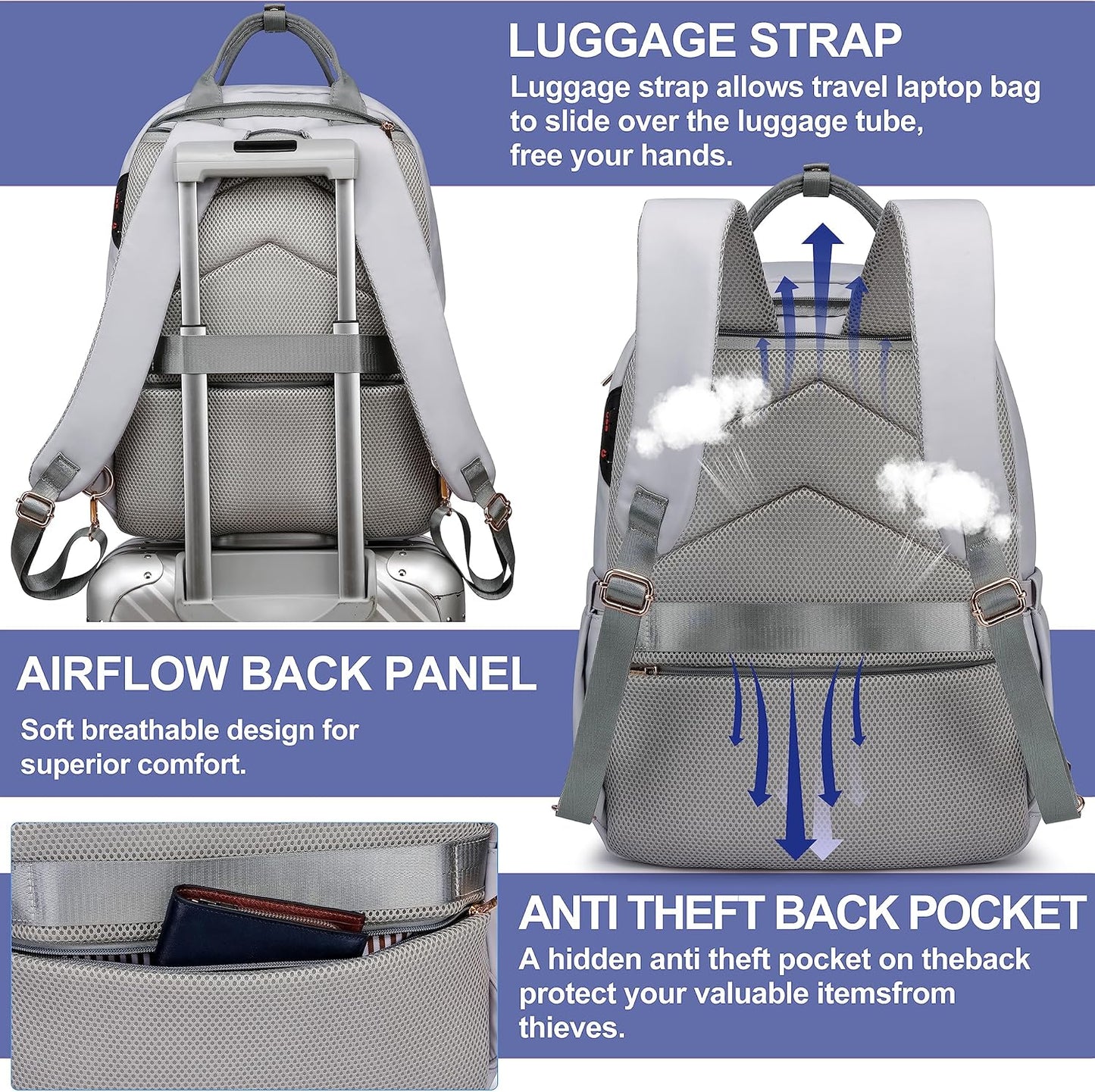 Laptop Backpack for Women Men, Water Resistant Travel Work Backpacks Purse Stylish College Business Teacher Nurse Computer Bag, Fits 17.3" Laptop Light Blue