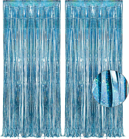 GREATRIL Iridescent Party Tinsel Fringe Backdrop Decorations - Holographic Foil Streamers Curtain for Mermaid/Under The Sea/Frozen/Ocean/Disco/Birthday Themed 3.2ft x 6.5ft - 2 PCS