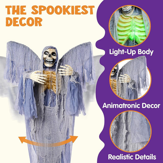 JOYIN 67" Halloween Animatronic Grim Reaper Decoration with Wings, Life Size Standing Animated Ghost with Light-Up Eyes, Creepy Sound, and Movable Body for Halloween Haunted House Decorations
