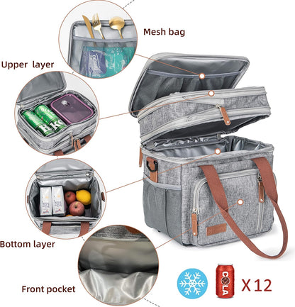 Lunch Bag Women Insulated Lunch Box for Work, Purple Expandable Large Lunch Bags, Leakproof Double Deck Lunch Box Cooler Bag（Purple）