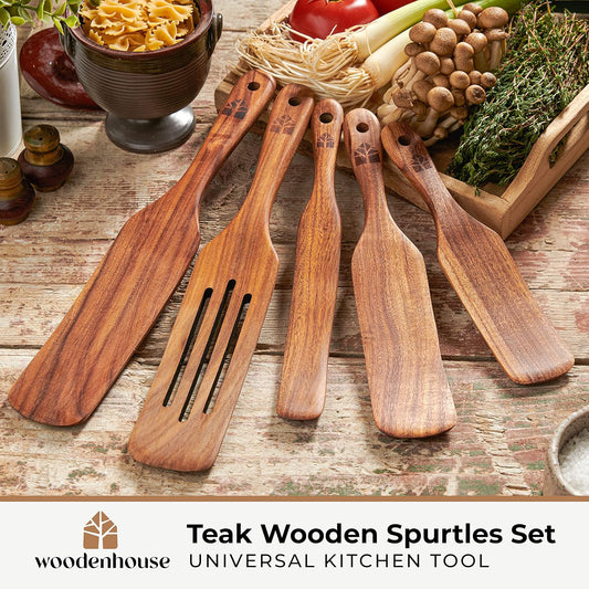 Wooden Spurtle Set, Teak Spurtles Kitchen Tools, Wooden Spatula for Cooking, Wood Utensils Set of 5, Non Stick Cookware for Serving, Stirring, Mixing, Scraping, Scooping, Healthy and Heat Resistant - PuriLite