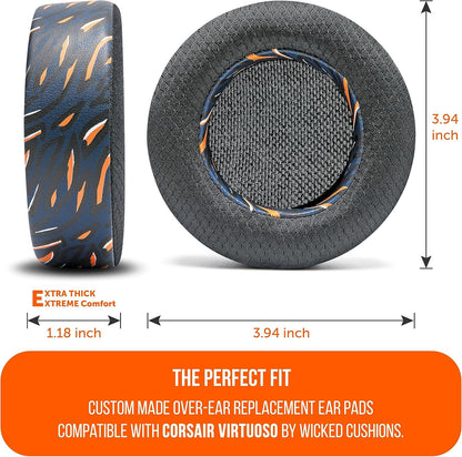 WC Freeze Virtuoso - Hybrid Fabric Cooling Gel Replacement Earpads for Corsair Virtuoso Gaming Headset, Made by Wicked Cushions, Improved Durability, Thickness and Sound Isolation |Navy Tiger