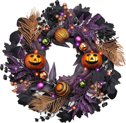 Valery Madelyn Halloween Wreath for Front Door with Lights, 18inch Pre-Lit Jack-o'-Lantern Pumpkin Wreath Halloween Decorations for Centerpiece Window Indoor Party Holiday Wall Home Decor