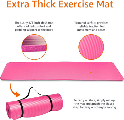 Thick Exercise Yoga Mat with Carrying Strap | 1/2-Inch Extra Thick Non-Slip Fitness Mat | Foam Workout Mat for Yoga, Pilates & Home Exercise | Pink