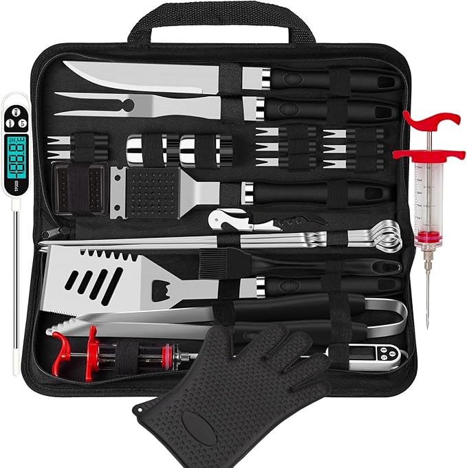 26-Piece BBQ Grilling Accessories Kit | Heavy-Duty Stainless Steel Grill Tool Set with Thermometer, Glove & Portable Canvas Storage Bag | Black