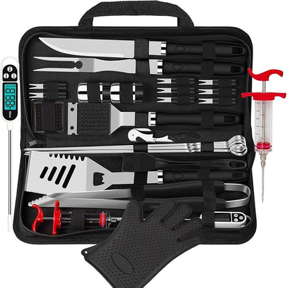 26-Piece BBQ Grilling Accessories Kit | Heavy-Duty Stainless Steel Grill Tool Set with Thermometer, Glove & Portable Canvas Storage Bag | Black