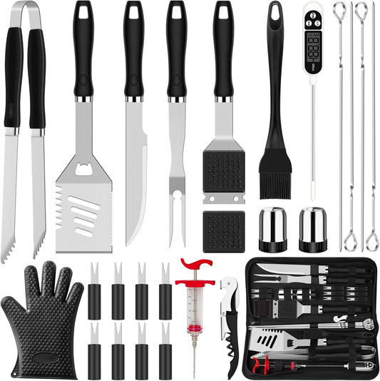 26-Piece BBQ Grilling Accessories Kit | Heavy-Duty Stainless Steel Grill Tool Set with Thermometer, Glove & Portable Canvas Storage Bag | Black