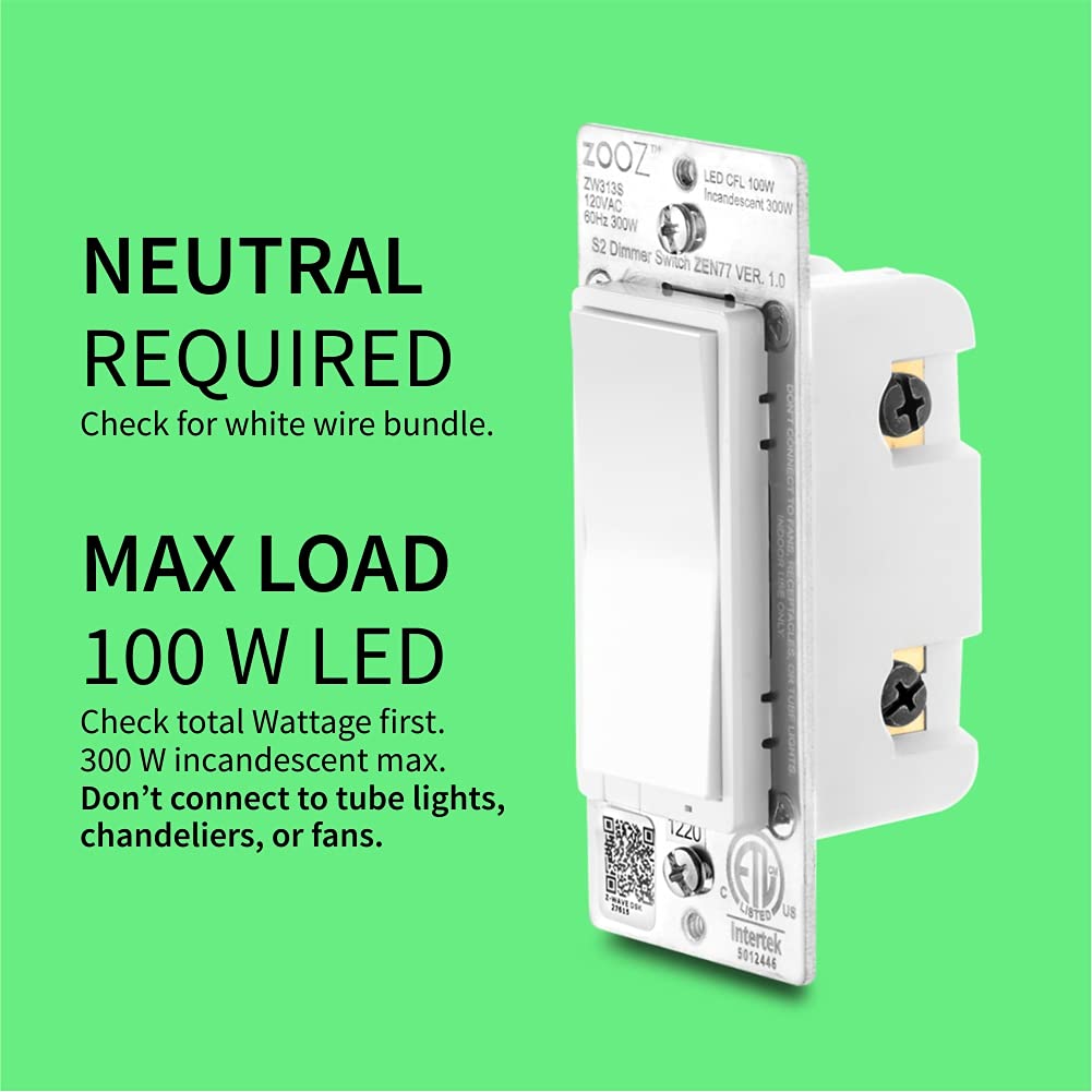 800 Series Z-Wave Long Range S2 Dimmer Switch ZEN77 800LR | Smart LED Dimmer | 3-Way & 4-Way Compatible | White