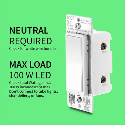 800 Series Z-Wave Long Range S2 Dimmer Switch ZEN77 800LR | Smart LED Dimmer | 3-Way & 4-Way Compatible | White
