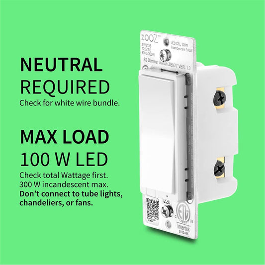 800 Series Z-Wave Long Range S2 Dimmer Switch ZEN77 800LR | Smart LED Dimmer | 3-Way & 4-Way Compatible | White