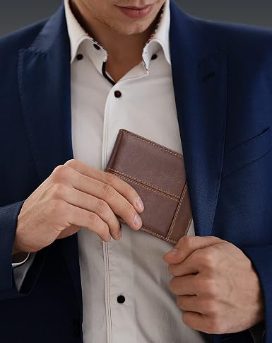 Swallowmall Men's Genuine Leather RFID Blocking Bifold Wallet | 13 Card Slots | ID Window | Compact Leather Billfold Model 172