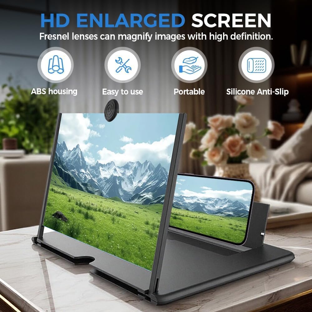 10-Inch Mobile Phone Screen Magnifier | 3-4X HD Smartphone Screen Amplifier | Foldable Desktop Movie Viewer | Universal Phone Stand | Black