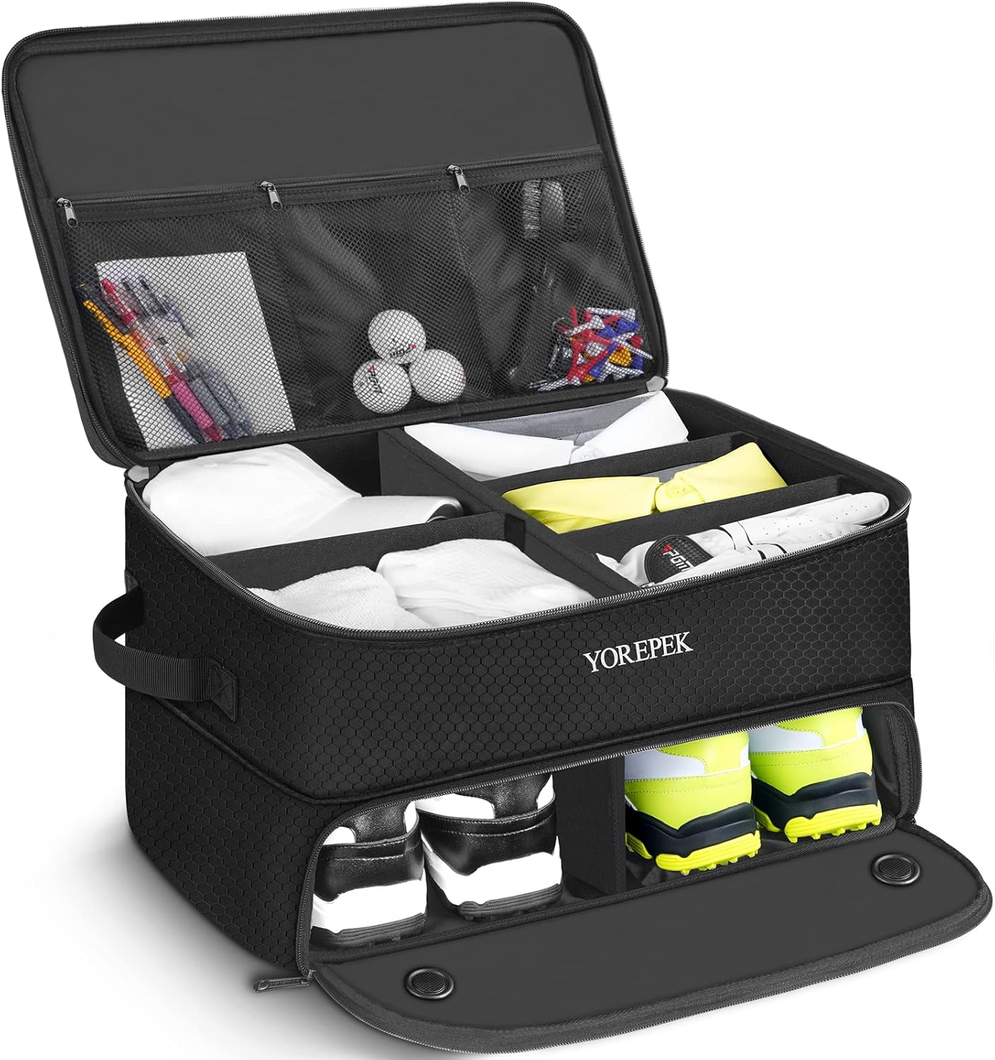 2-Layer Golf Trunk Organizer for Car | Waterproof Golf Storage Locker with Ventilated Shoe Compartment | Adjustable 5-Divider Organizer | Standard Black